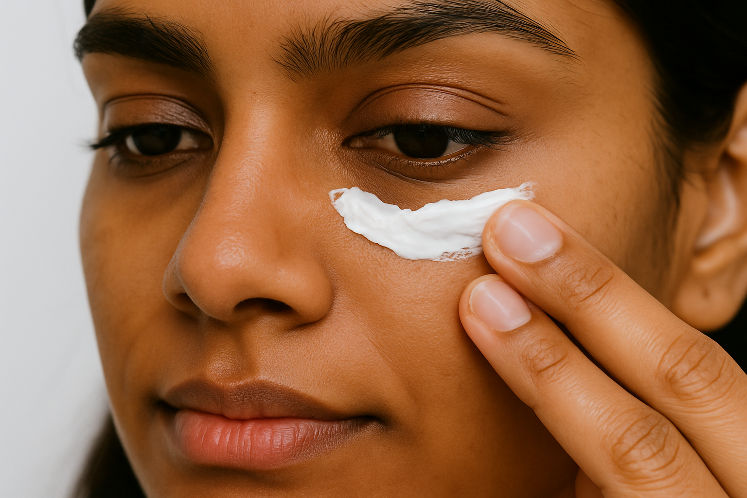Close-up square image of woman applying eye cream without bottle visible