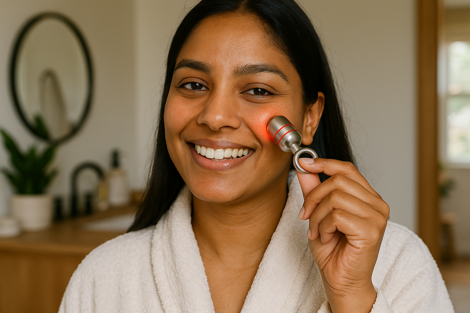 Realistic woman with natural skin texture using red light therapy wand at home